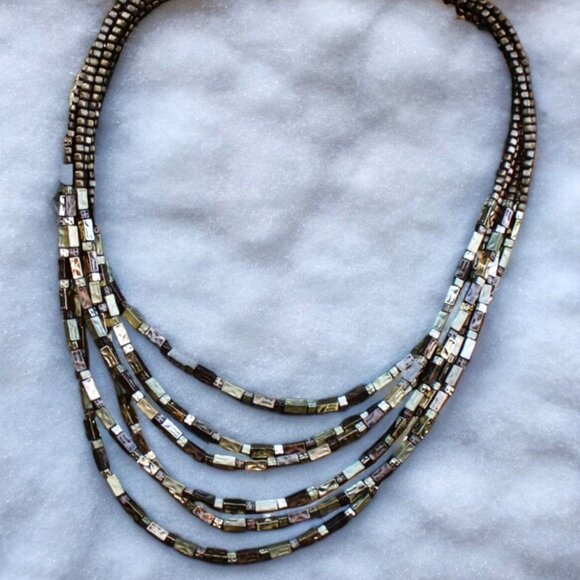 CHICO'S Multi-Strand Hammered Brass Bead Bib Necklace. - Picture 3 of 9